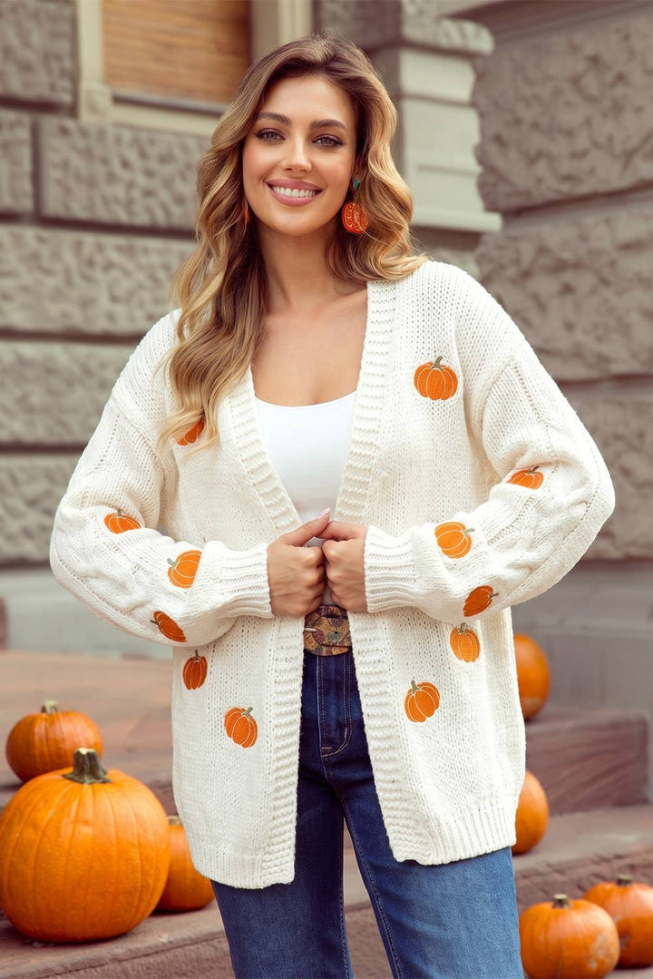 Pumpkin Patch Embroidery Open Front Drop Shoulder Cardigan