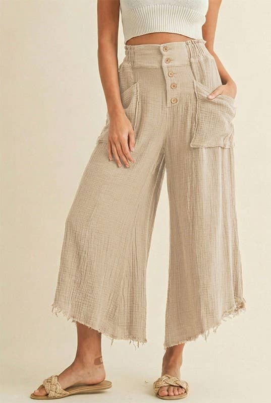 Mineral Washed Fray Hem Linen Cotton Wide Pants