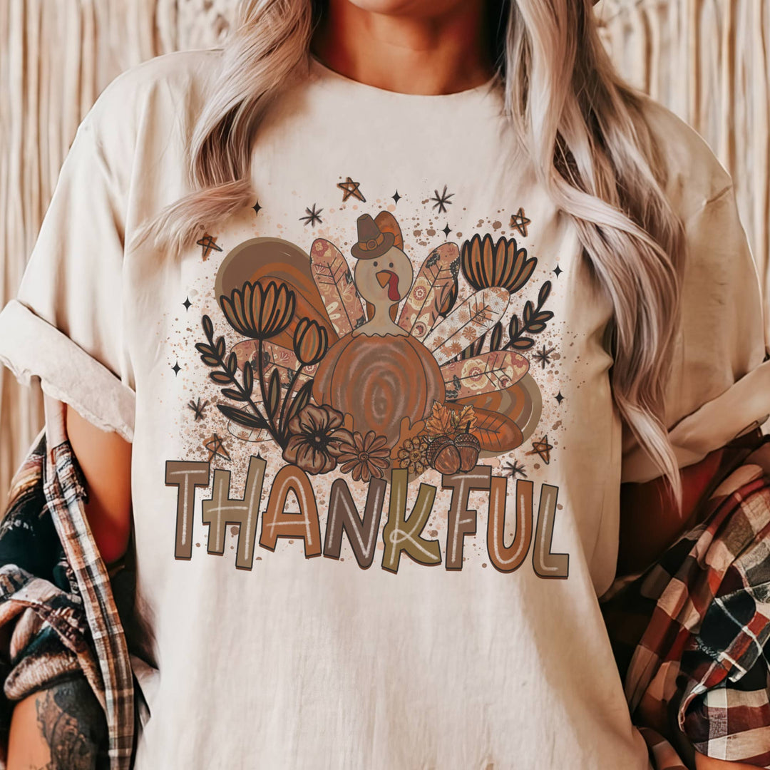 Fall Thanksgiving Thankful Turkey Vintage Autumn Graphic Tee