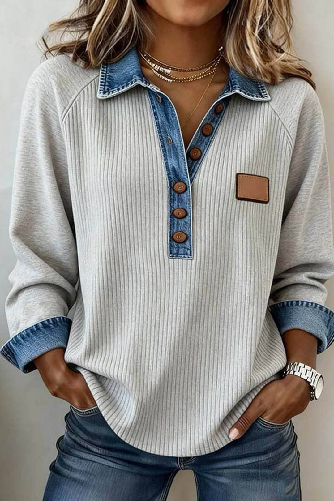 Denim Contrast Collar Waffle Knit Sweatshirt S–4X