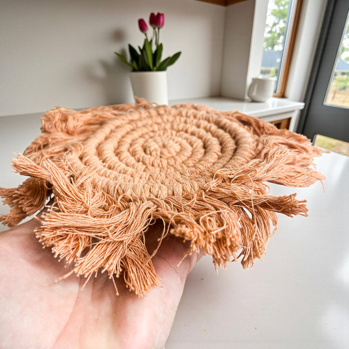 Fabric Tassel Spiral Braided Coasters, Spring Tabletop Decor