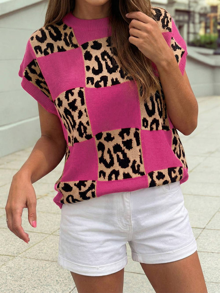 Western Leopard Checkerboard Short Sleeve Knit Sweater |S-4X