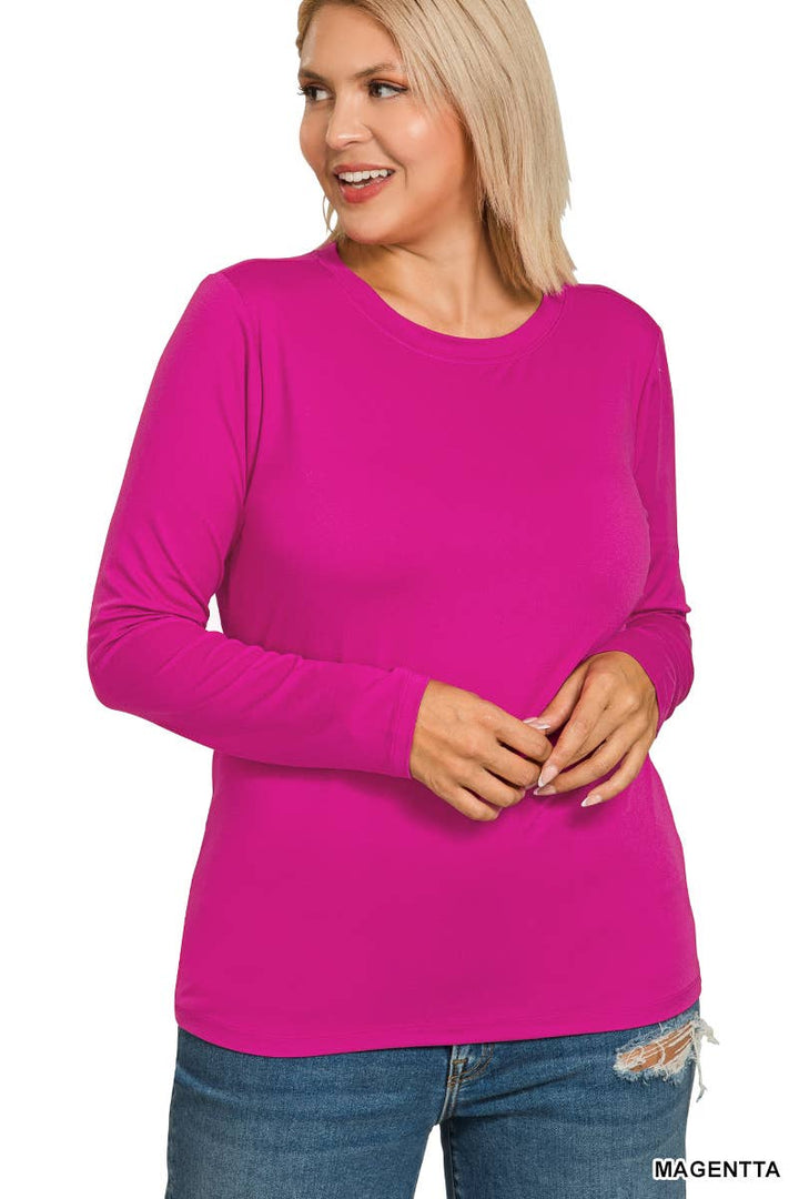 Plus Brushed Microfiber Long Sleeve Round Neck Tee