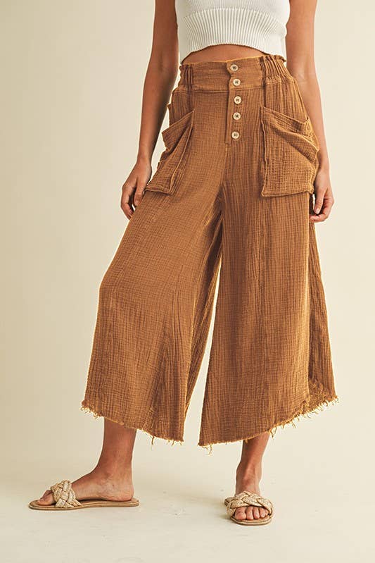 Mineral Washed Fray Hem Linen Cotton Wide Pants