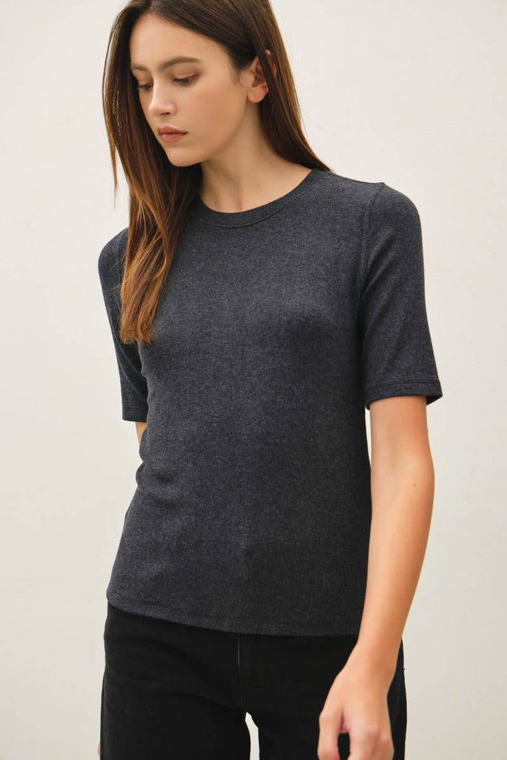 Modal Ribbed Crew Neck Basic Short Sleeve Top