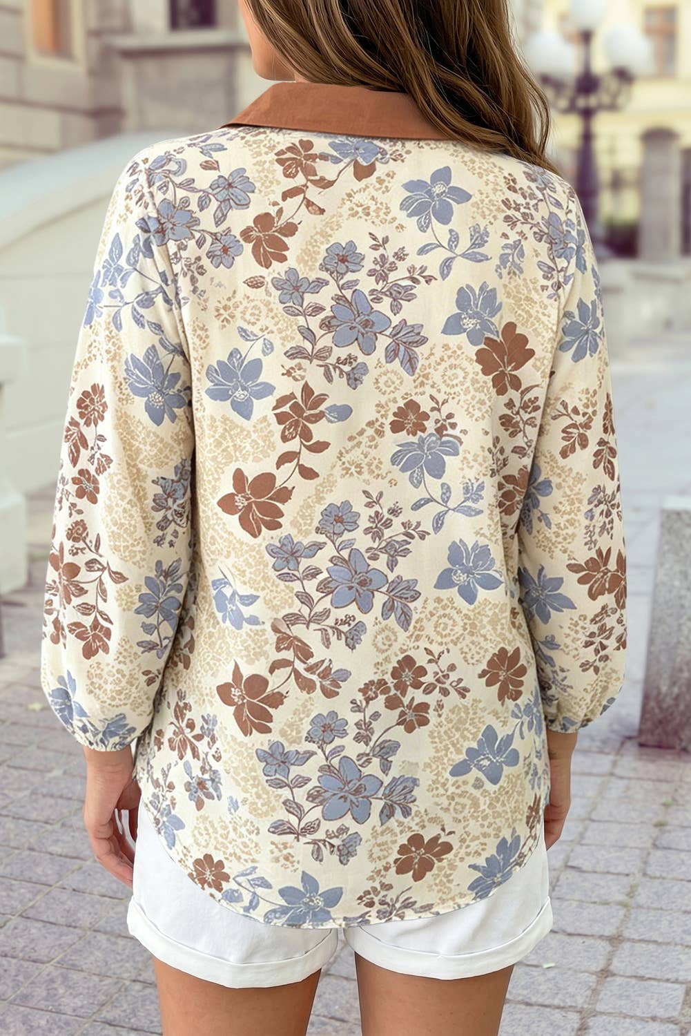 V Neck Floral Blouse Long Sleeve Casual Shift Pullover S–4X