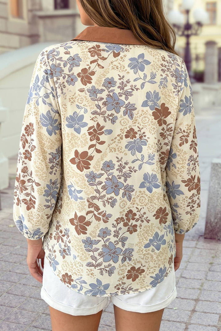 V Neck Floral Blouse Long Sleeve Casual Shift Pullover S–4X