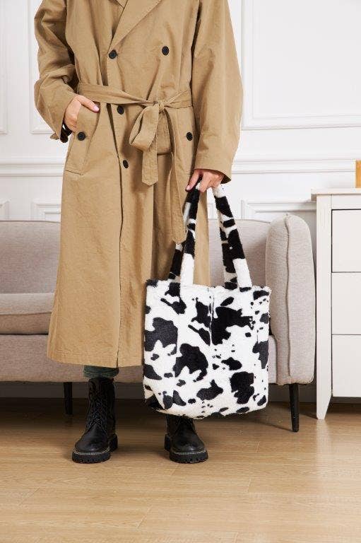 Cow Print Faux Fur Tote Bag