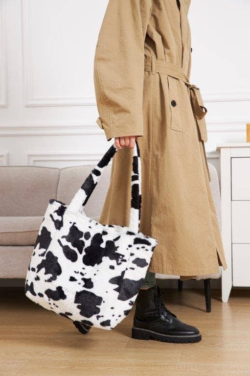 Cow Print Faux Fur Tote Bag