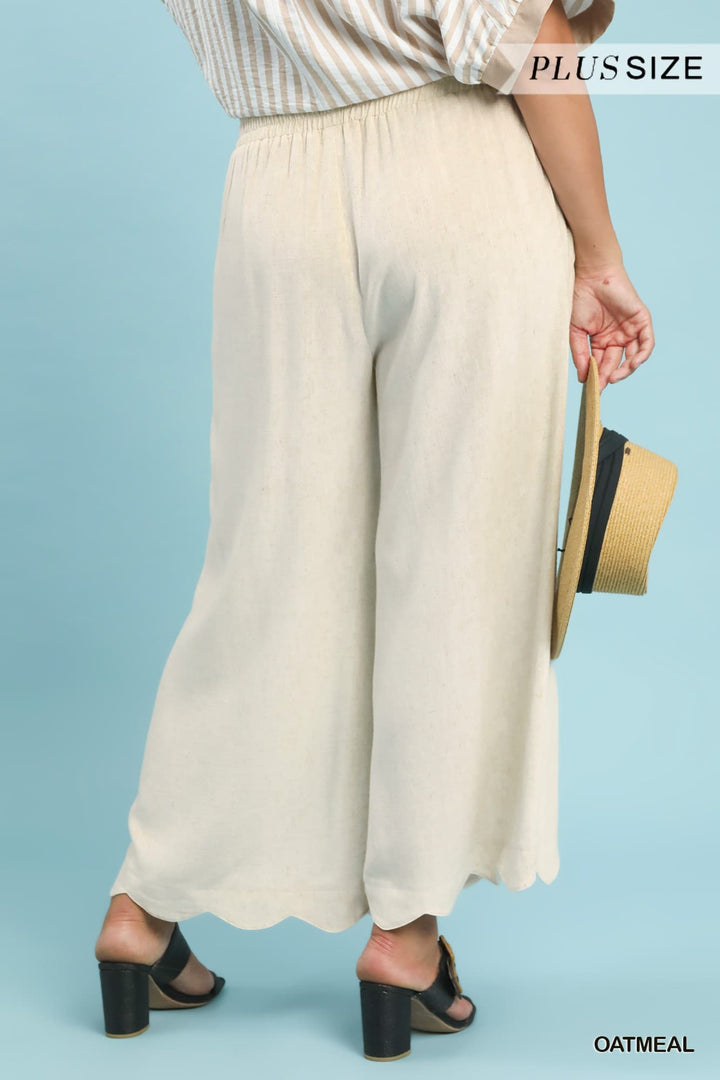 Plus Linen Blend Scallop Hem Wide Leg Pants