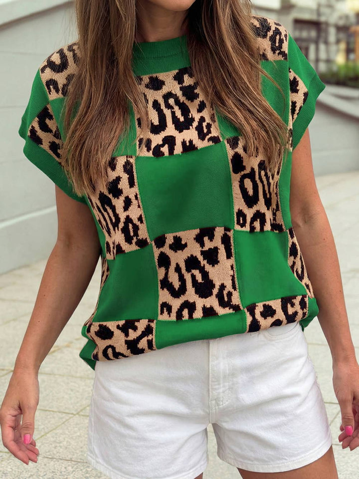 Western Leopard Checkerboard Short Sleeve Knit Sweater |S-4X