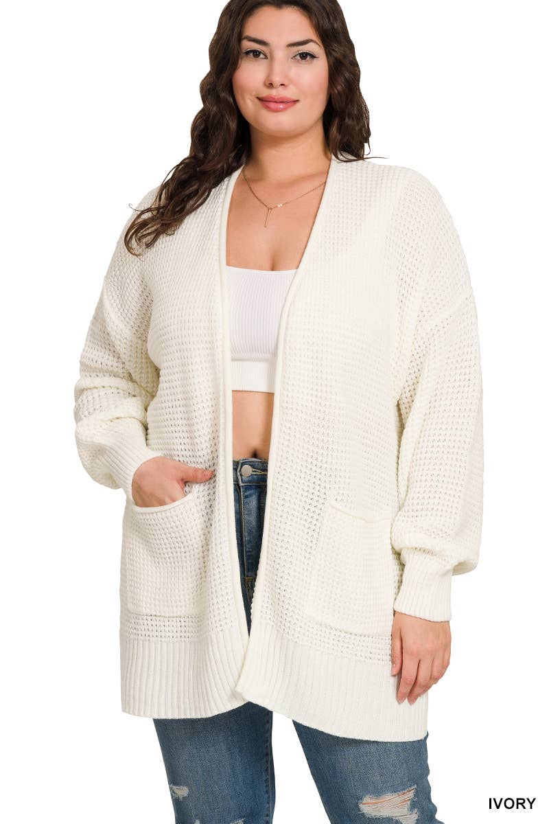 Plus Low Gauge Waffle Open Cardigan Sweater