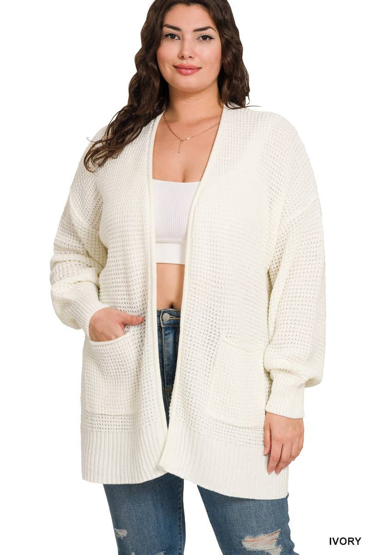 Plus Low Gauge Waffle Open Cardigan Sweater