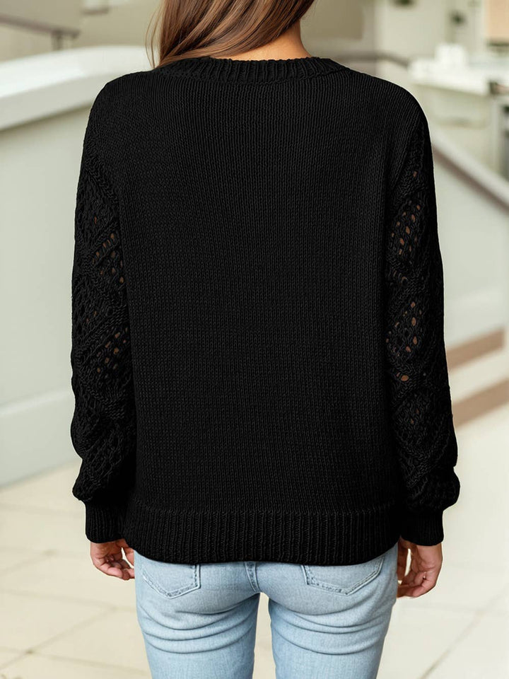Solid V Neck Pointelle Knit Sleeve Sweater