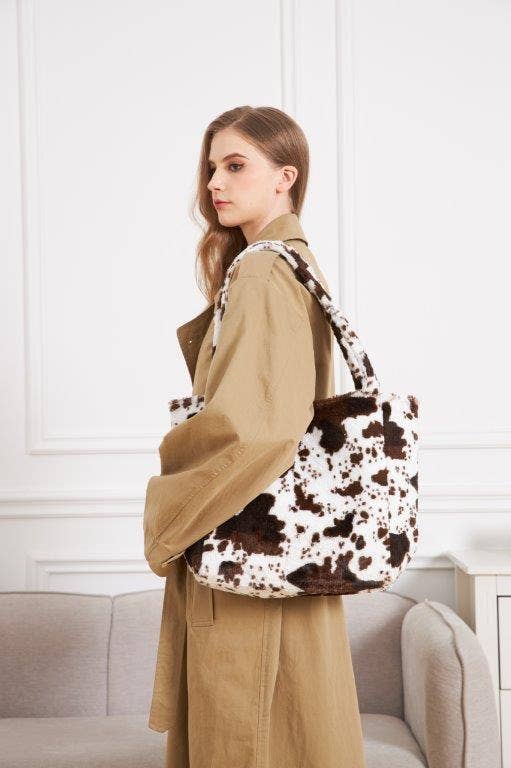 Black Brown Cow Print Faux Fur Tote Bag