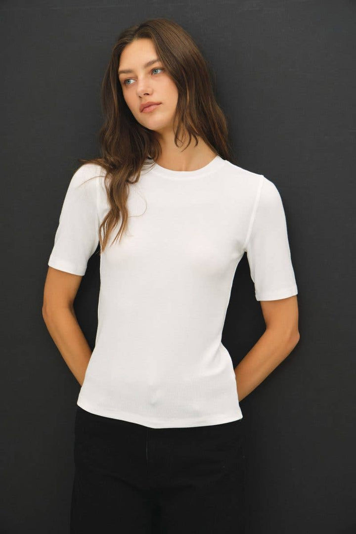 Modal Ribbed Crew Neck Basic Short Sleeve Top