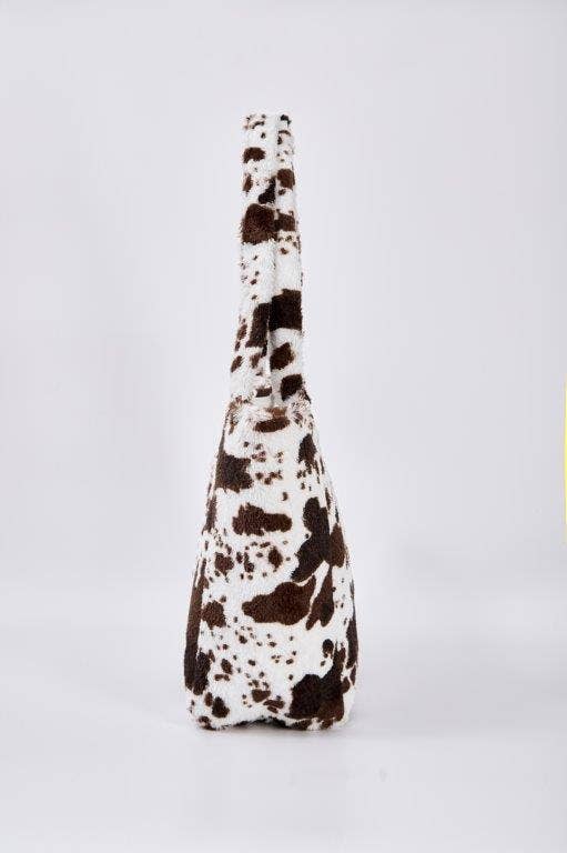 Black Brown Cow Print Faux Fur Tote Bag