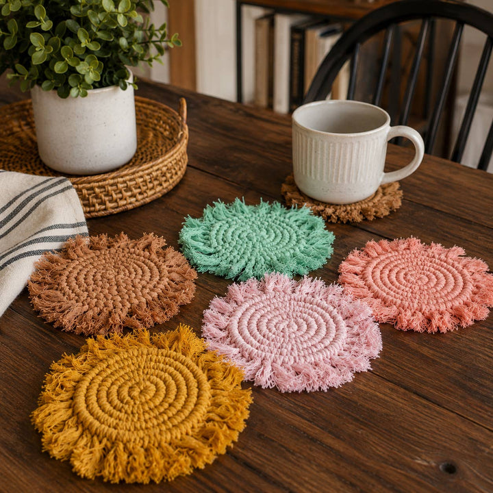 Fabric Tassel Spiral Braided Coasters, Spring Tabletop Decor