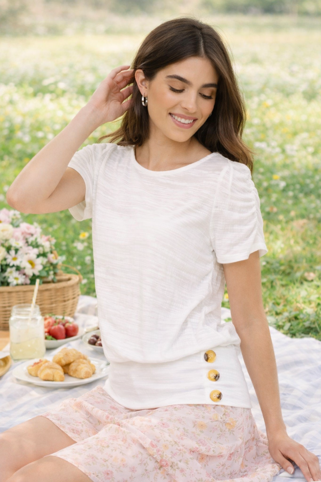 Scoop Neck Slub Top w/ Fitted Waist Detail