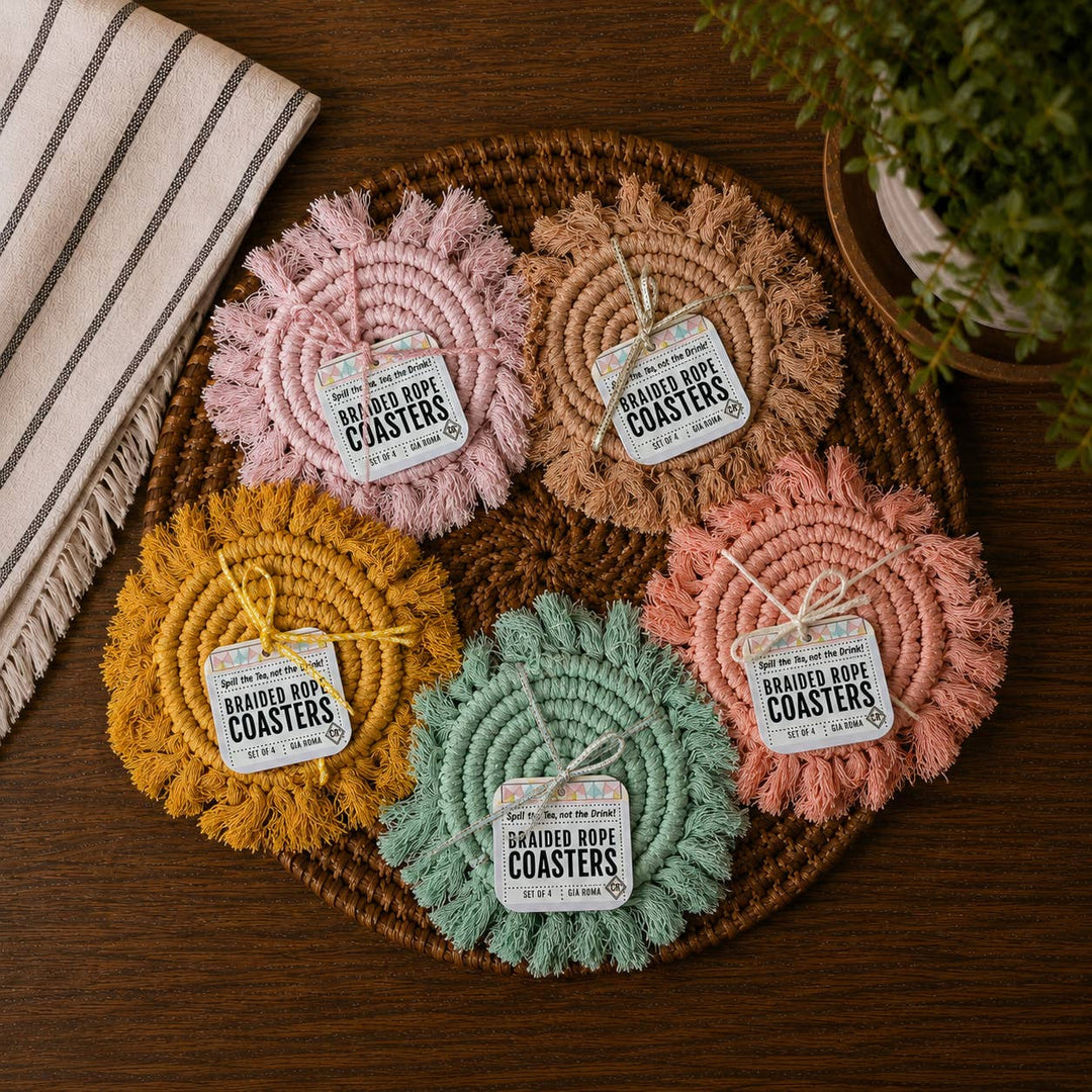 Fabric Tassel Spiral Braided Coasters, Spring Tabletop Decor