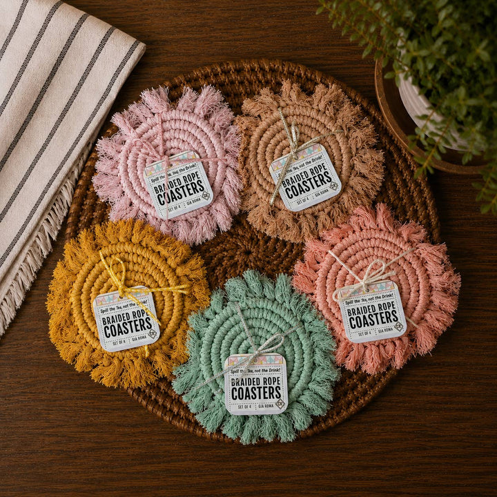 Fabric Tassel Spiral Braided Coasters, Spring Tabletop Decor