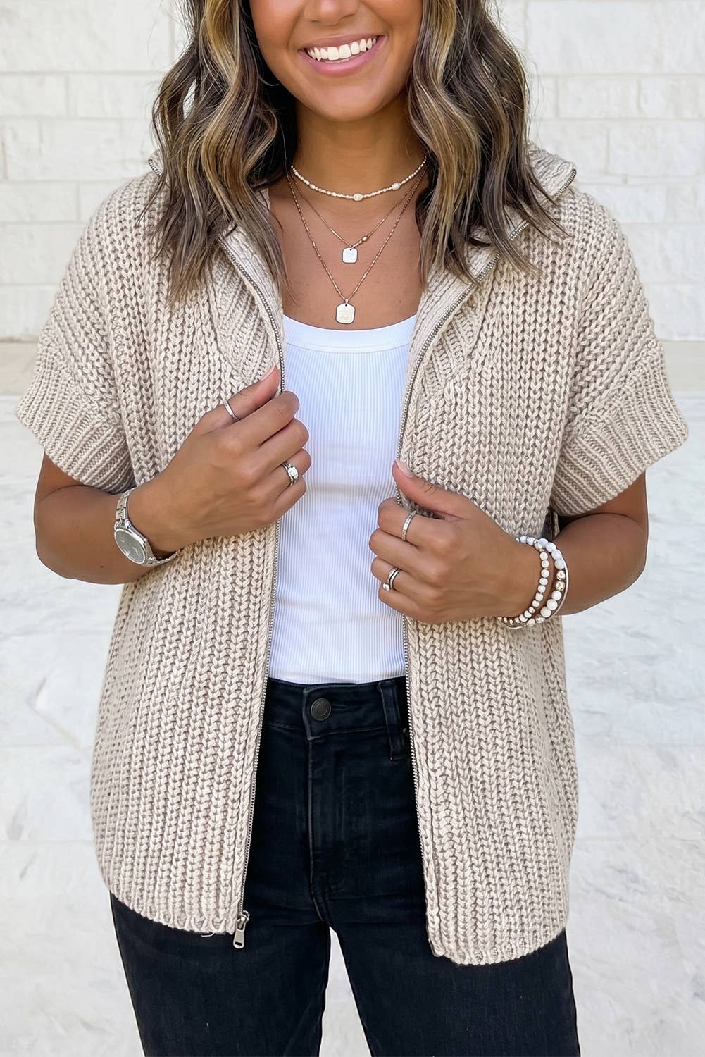 Solid Color Short Sleeve Zipper Knit Mock Neck Sweater
