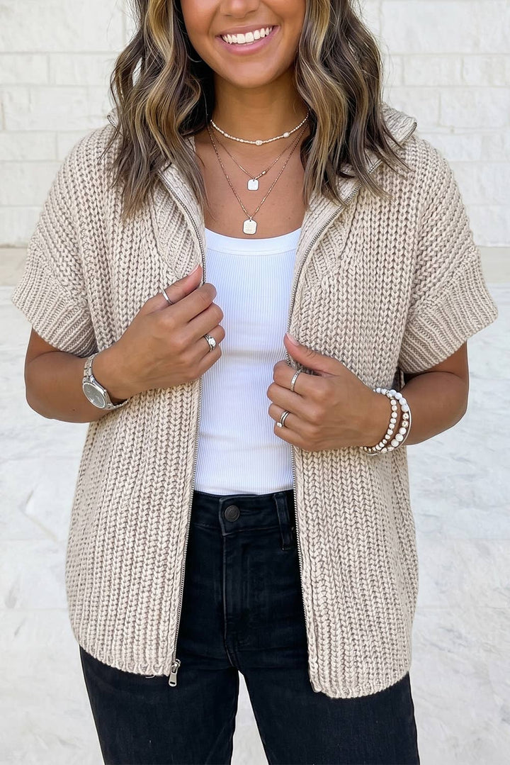 Solid Color Short Sleeve Zipper Knit Mock Neck Sweater