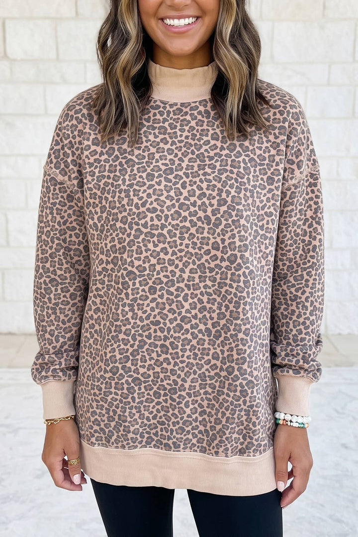 Leopard Print Mock Neck Ribbed Cuffs Hem Sweatshirt