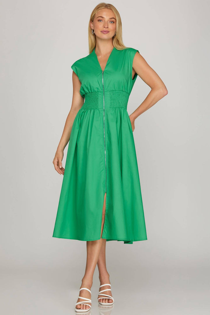Drop Shoulder Smocked Waist Midi Dress