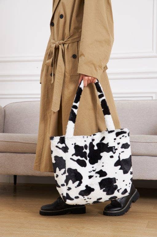 Cow Print Faux Fur Tote Bag