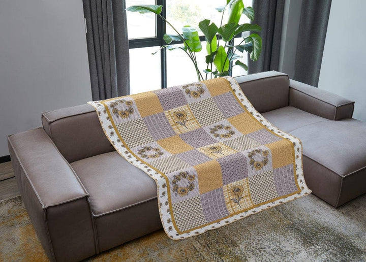 Yellow Grey Floral Patchwork Quilted Throw