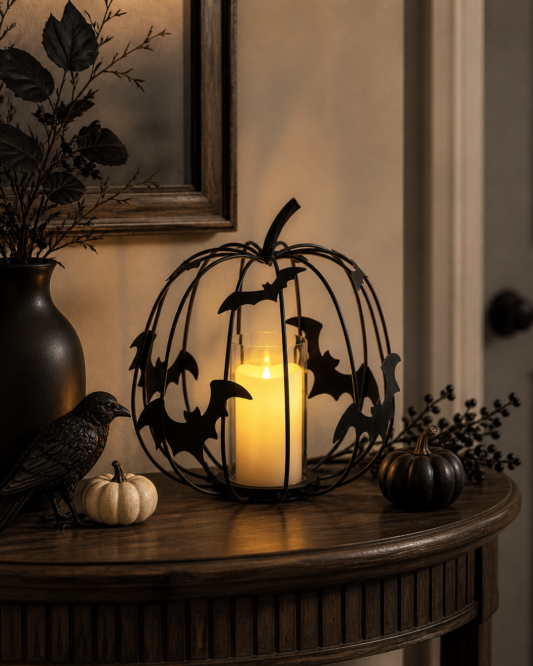 Lighted Bat Wire Metal Pumpkin