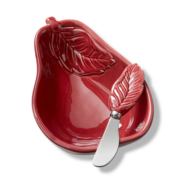 Pear Bowl &amp; Leaf Spreader Set of 2 Plum Earthenware Fall