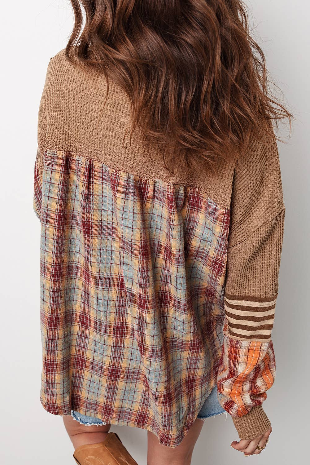 Waffle Stripe Plaid Patchwork Henley Knit Top S-4X