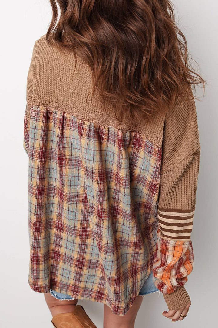 Waffle Stripe Plaid Patchwork Henley Knit Top S-4X