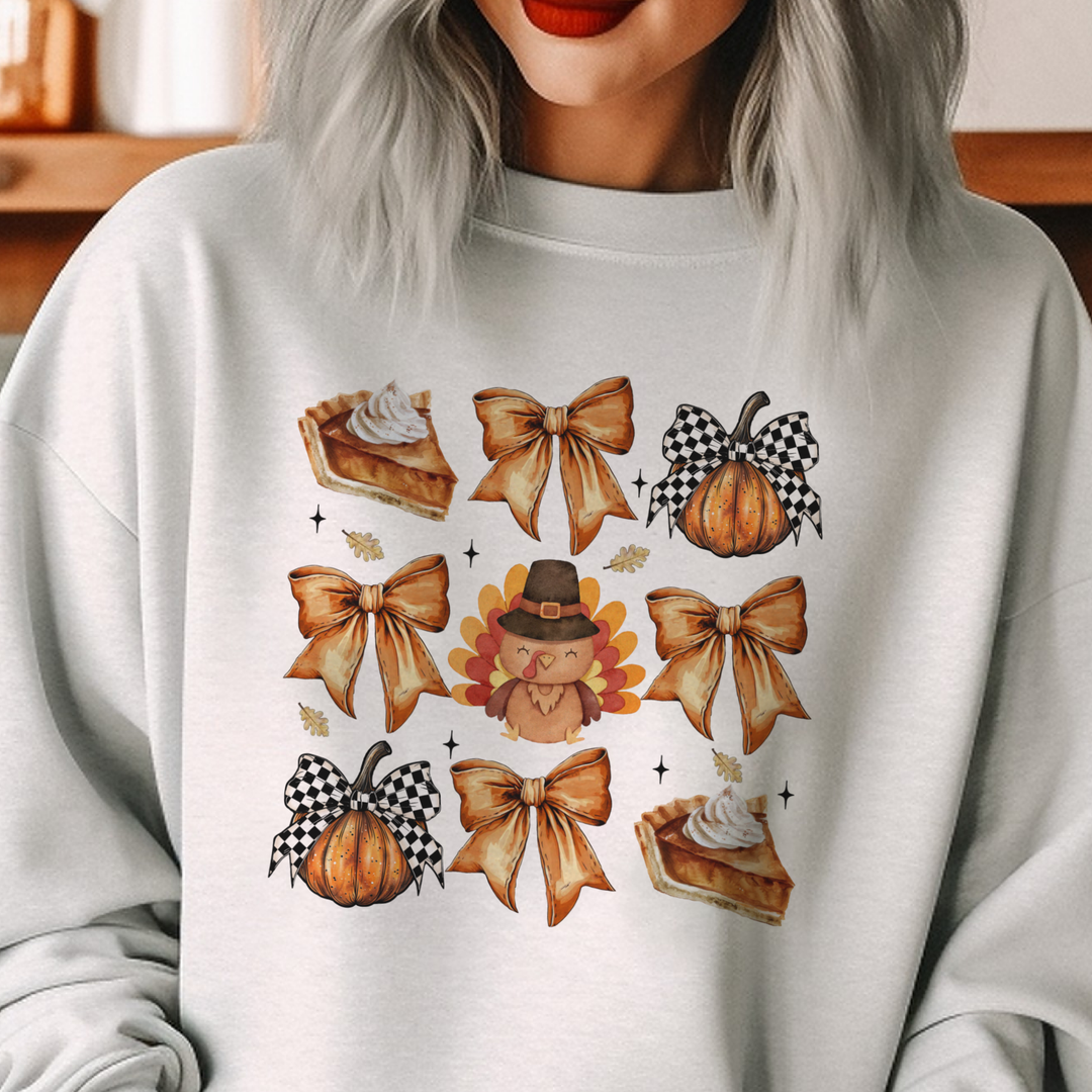 Fall Thanksgiving Collage Turkey Pie Bow Graphic Sweatshirt