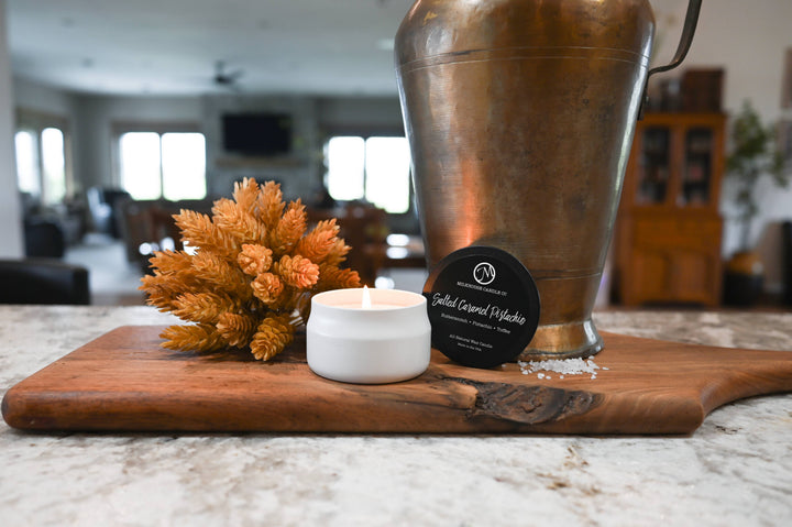 3.75 oz Traveler Tin Candle: Salted Caramel Pistachio