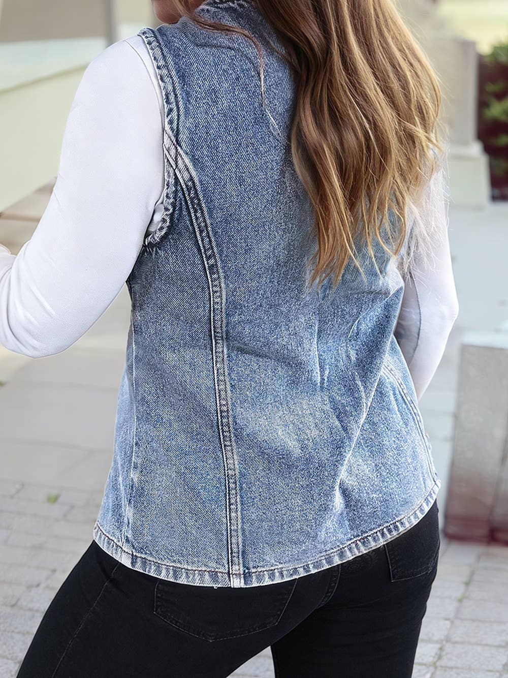 Western Solid Buttoned Front Slit Denim Vest