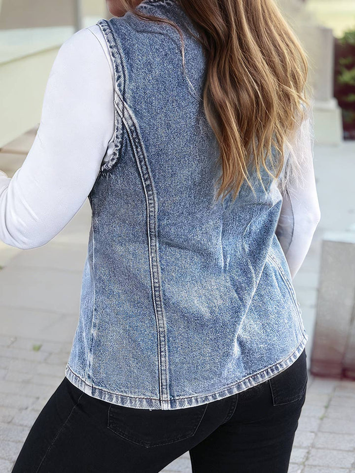 Western Solid Buttoned Front Slit Denim Vest