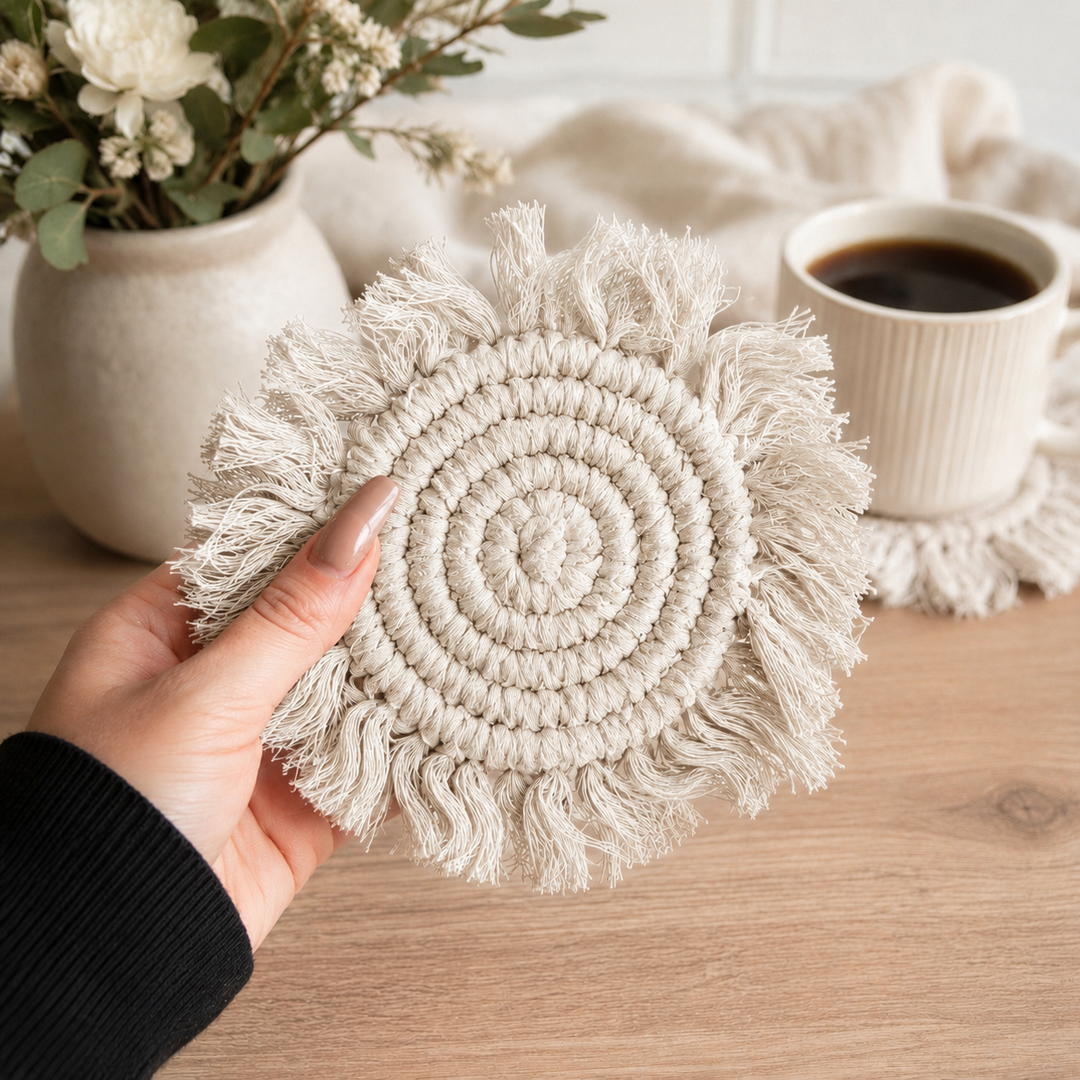 Fabric Tassel Spiral Braided Coasters, Spring Tabletop Decor