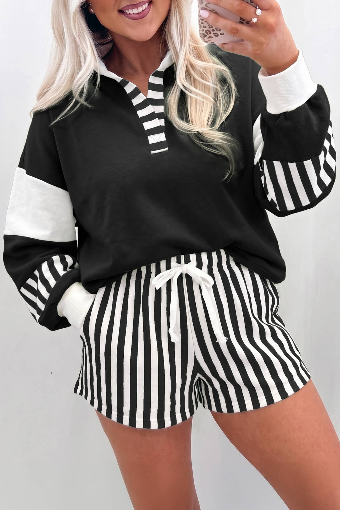 Striped Colorblock Patchwork Sweatshirt &amp; Shorts Set S–4X