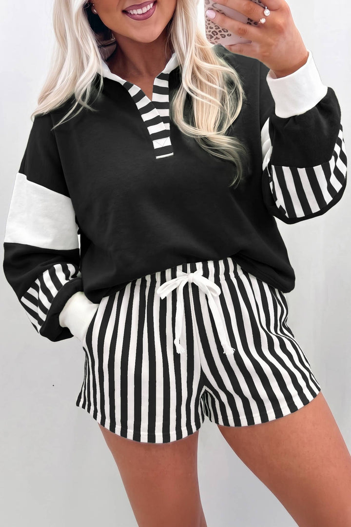 Striped Colorblock Patchwork Sweatshirt &amp; Shorts Set S–4X