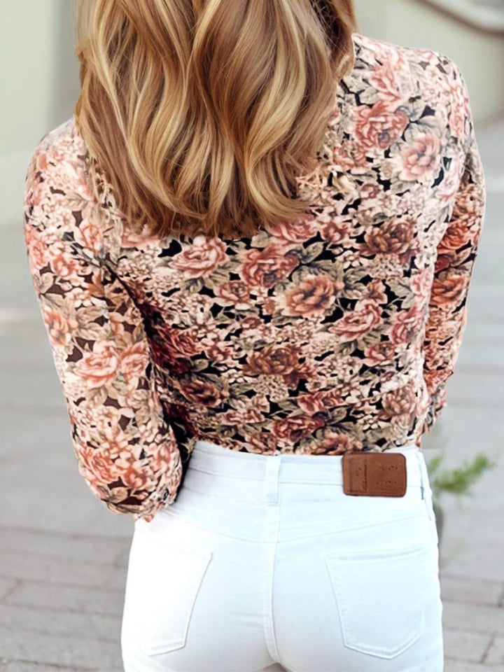 Retro Floral Print Mesh Long Sleeve Top | S-4X