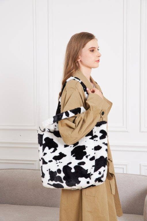 Cow Print Faux Fur Tote Bag