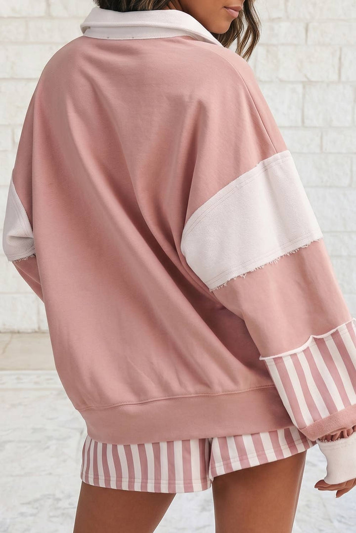 Striped Colorblock Patchwork Sweatshirt &amp; Shorts Set S–4X