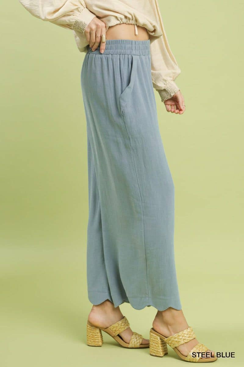 Linen Blend Scallop Hem Wide Leg Pants