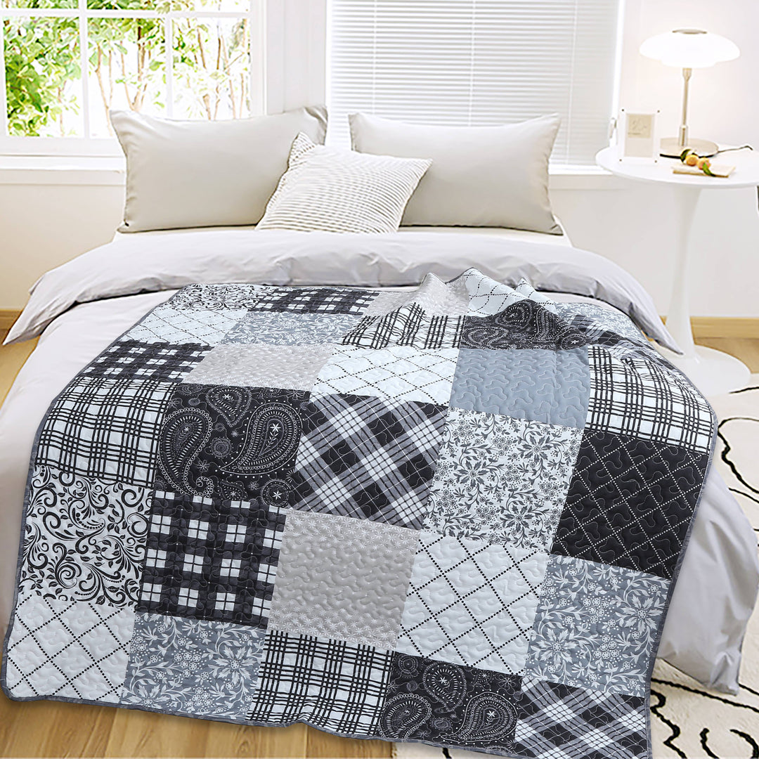 Paisley Patchwork Black Grey Quilted Throw