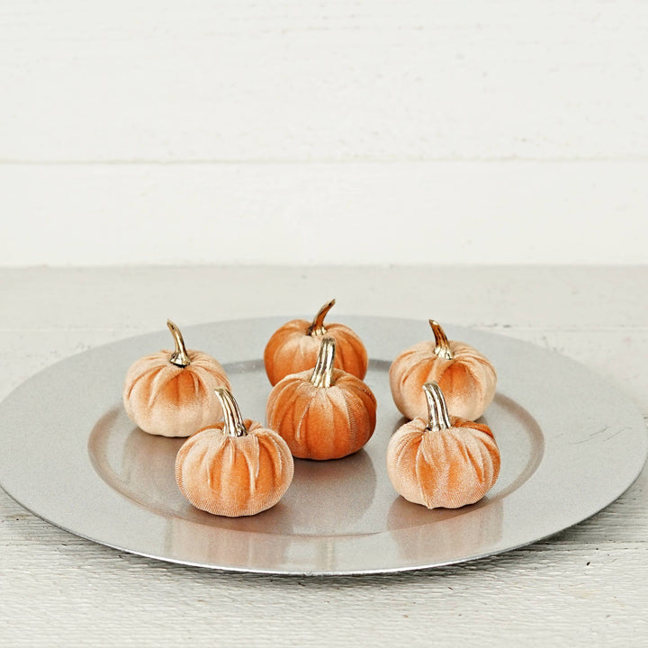 31346- Bag of 6 velvet 2in pumpkins w.golden stem-PEACH