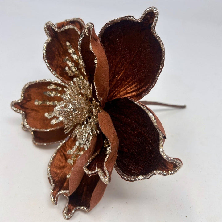 Bronze Velvet Magnolia Stem w/ Champagne Sequins Dia:9"