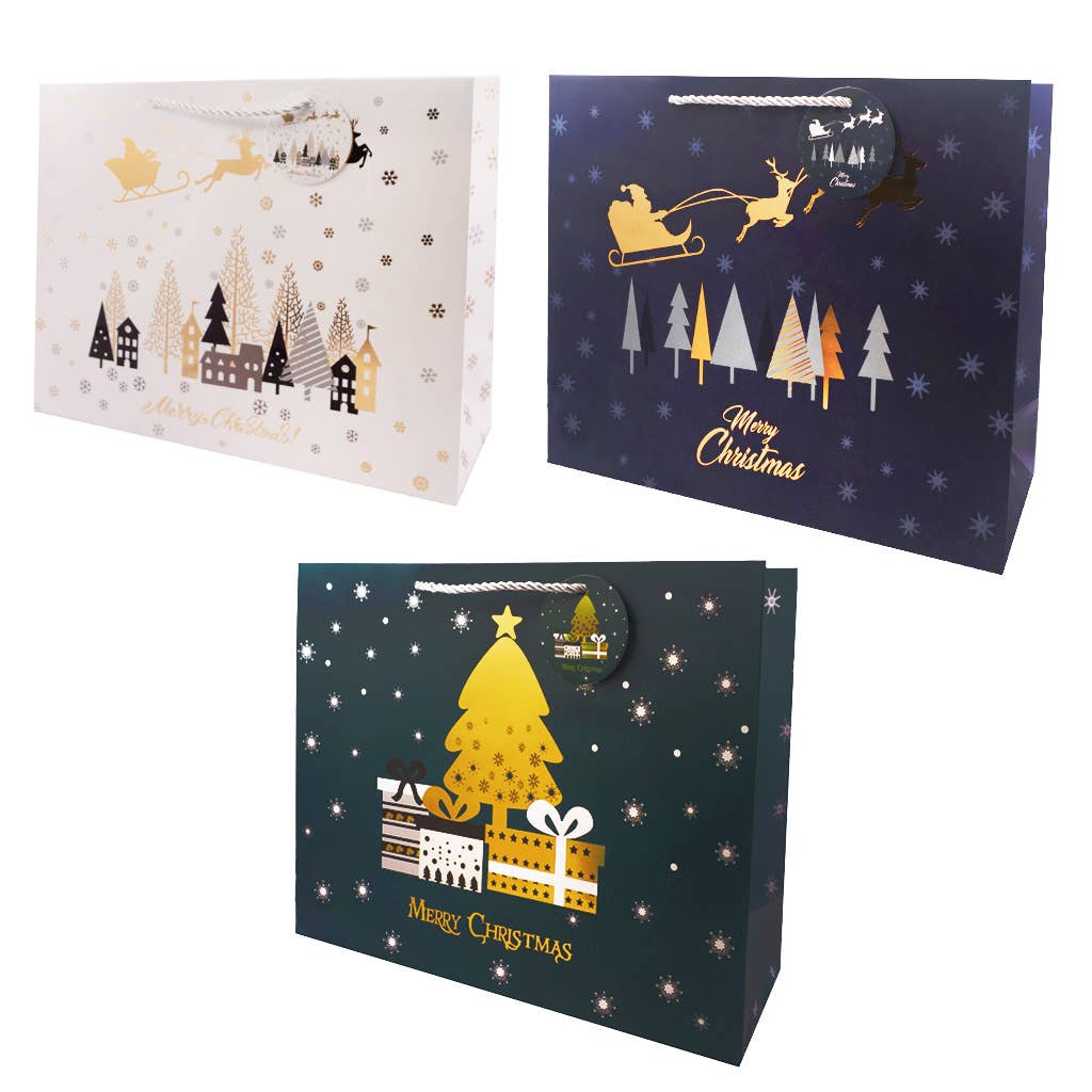 Christmas Gift Bag Foil &amp; Glitter Accents, Ribbon Handles
